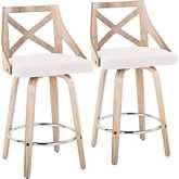 Charlotte 26" Swivel Counter Stool in White Washed Wood, Cream Fabric & Chrome Footrest (Set of 2)